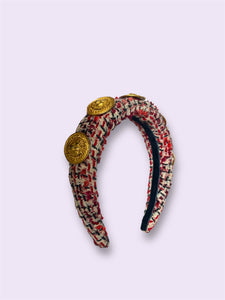 Vintage Tweed Fabric & Lion Button Padded Headband