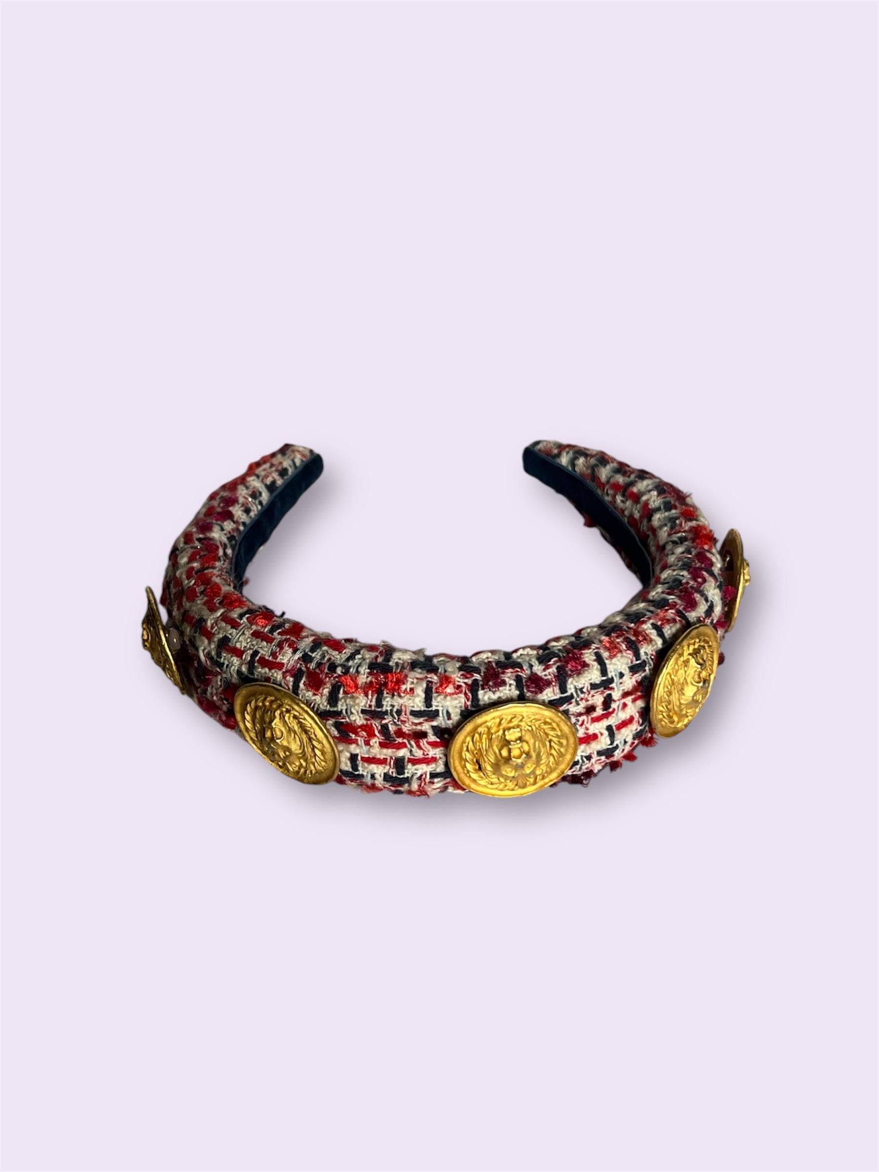 Vintage Tweed Fabric & Lion Button Padded Headband