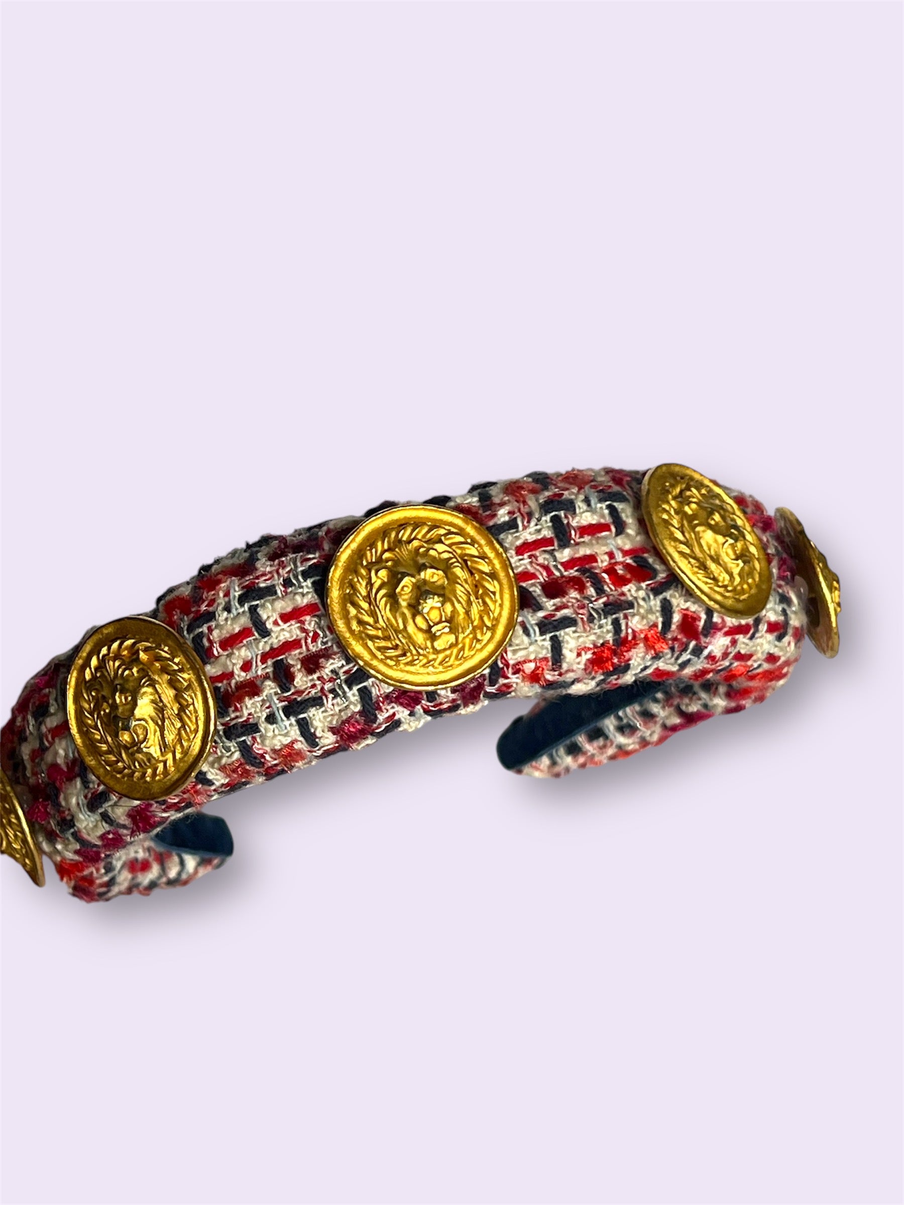 Vintage Tweed Fabric & Lion Button Padded Headband